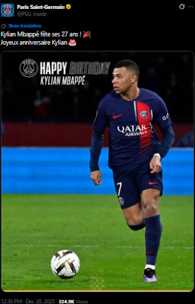 تبریک تولد ۲۷سالگی امباپه از PSG؛ گران‌ترین پیام تاریخ فوتبال1